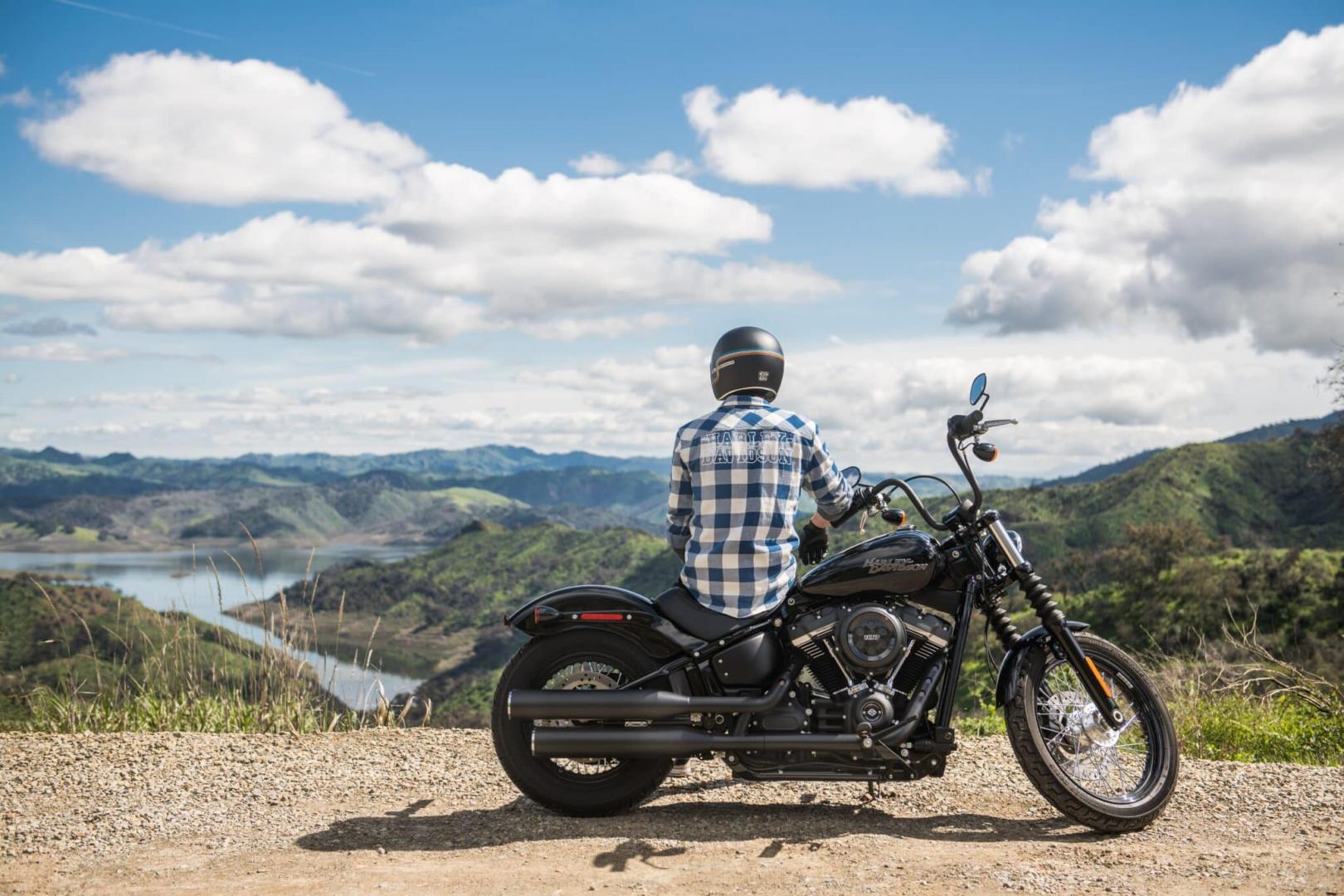 Man on a motorcycle looking out onto a scenic landscape.
