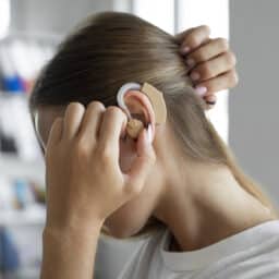 Woman adjusts hearing aids